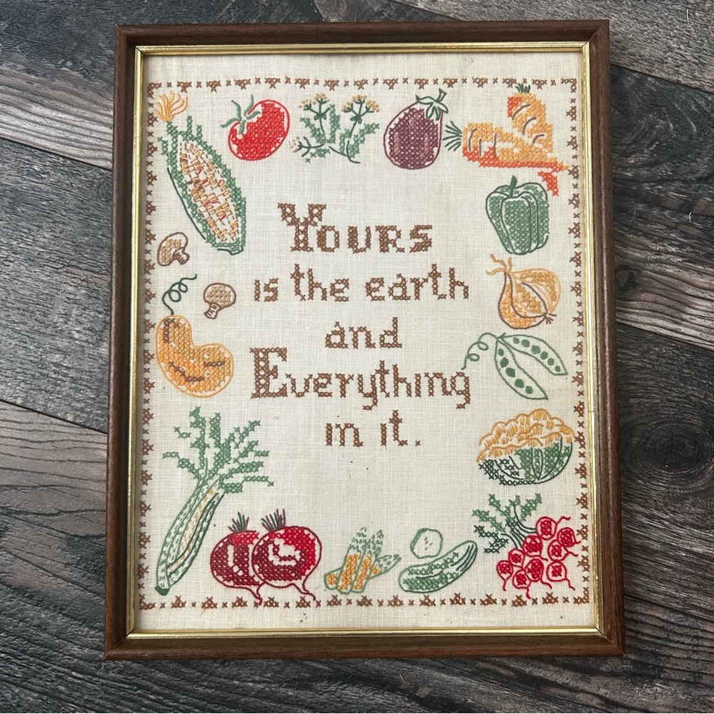 Vintage 60’s Cross Stitched Embroidered Wall Art with Vegetables Kitchen Home